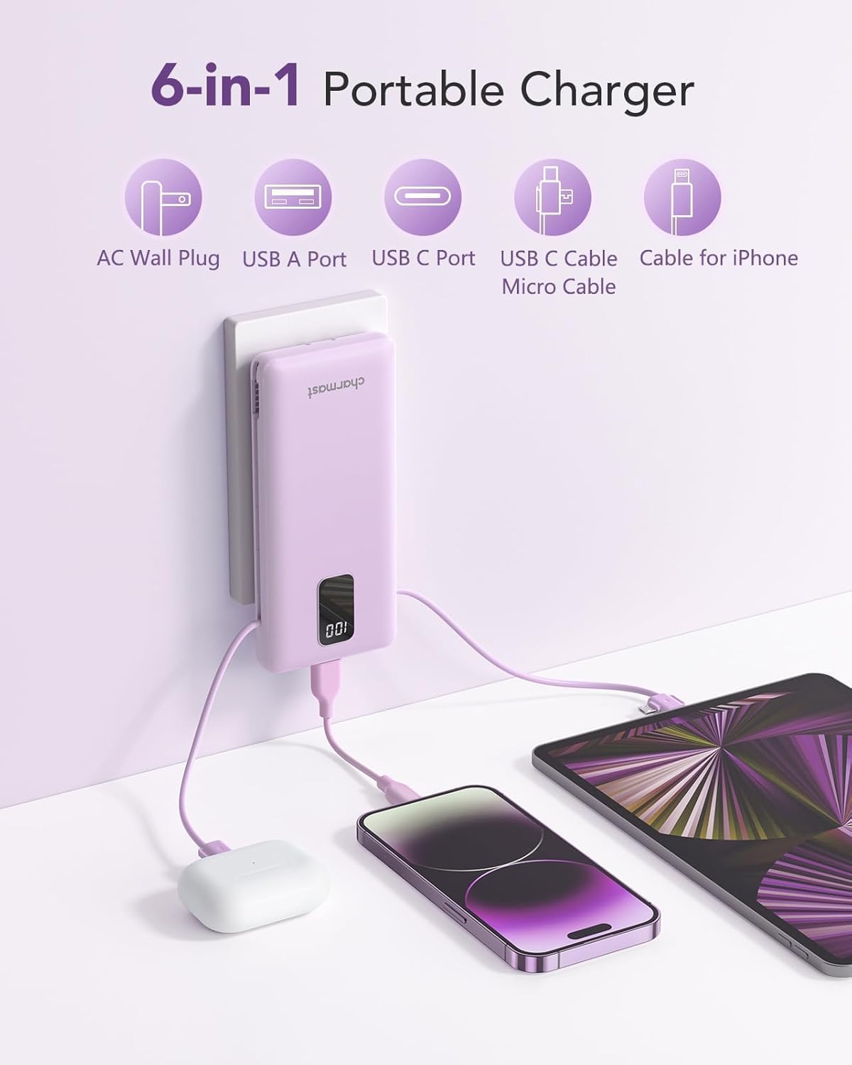 charmast Portable Charger with Built-in Cables & Wall Plug, ... - Image 2