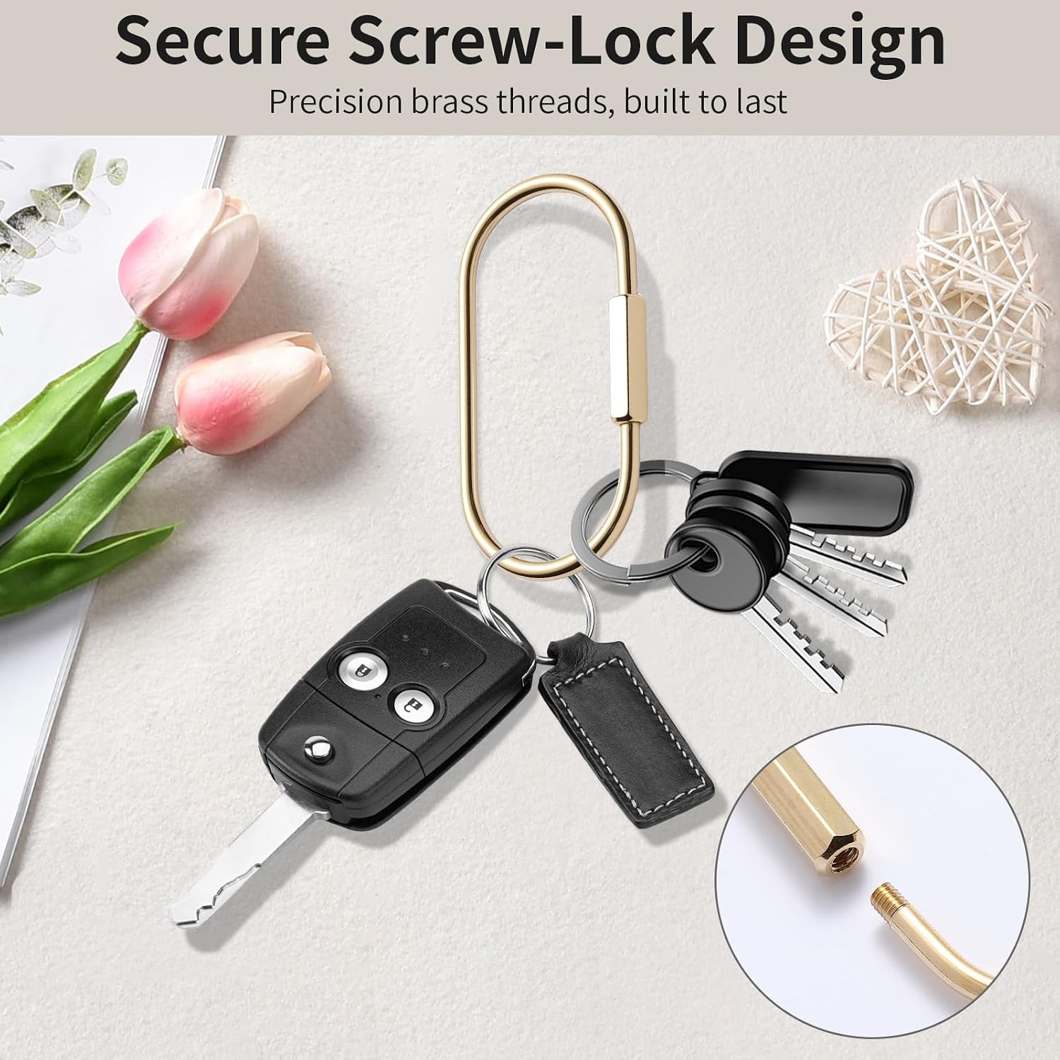 3 Pcs Brass Key Ring with Screw Lock - Durable Gold Carabine... - Image 3