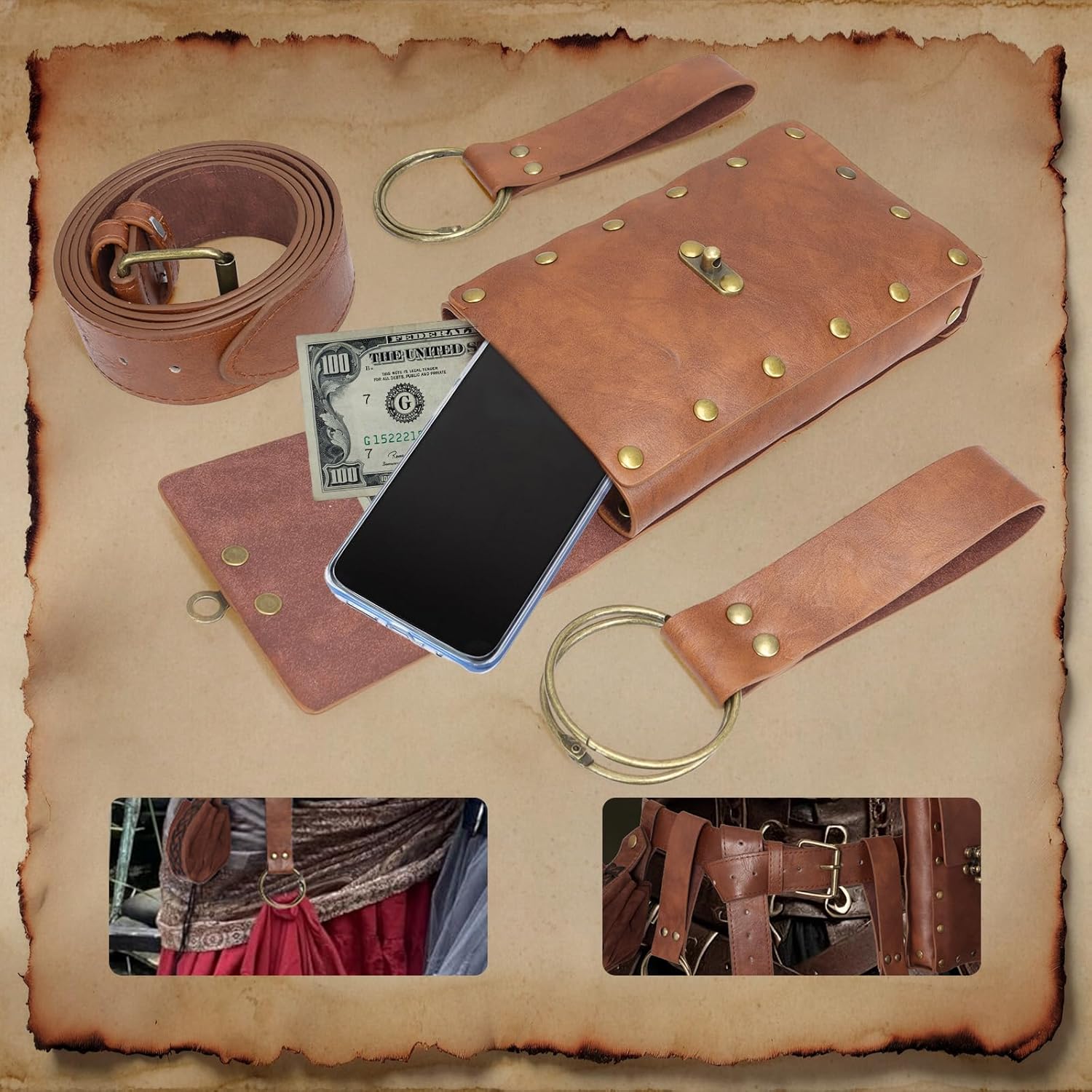 Renaissance Belt Pouch Medieval Viking Pirate Leather Bag Po... - Image 6